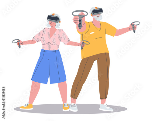 An elderly traditional married couple is standing in augmented reality glasses. VR glasses and joysticks in the hands of grandparents. Stylish flat vector illustration, eps10