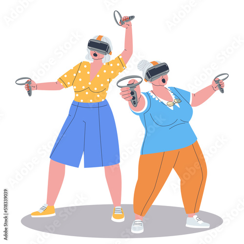 Two elderly women actively and emotionally play in augmented reality glasses with joysticks in their hands. Mastering technologies of augmented reality by grandmothers. Stylish flat vector