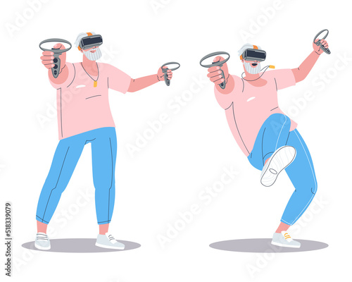 Elderly man wearing VR glasses. Elderly man enjoys augmented reality technology. Stylish flat vector illustration, eps10