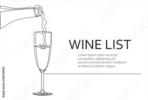 Prosecco glass The process of pouring wine into a glass. Pours champagne from a bottle into a glass. Line art, vector continuous line drawing. Black and white illustration. Christmas, New Year holiday