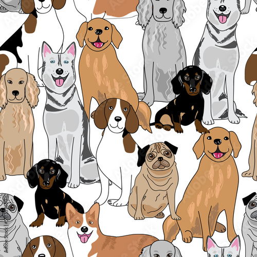 All over seamless repeat pattern with overlapping happy dogs of different breeds on white background. Vector illustration for pet, animal products