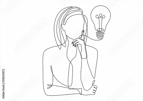 one line drawing of woman thinking solving problems finding solutions