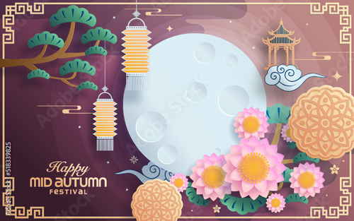 Mid autumn festival paper art style with full moon, moon cake, chinese lantern and rabbits on background.