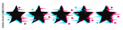 Rate us concept - 5 Glitch star rating isolated on white background. Flat glitch icon for apps and websites. Vector EPS 10