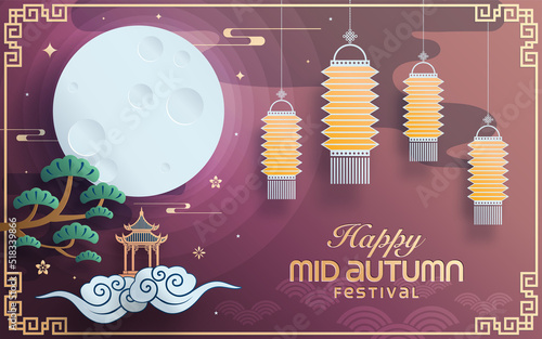 Mid autumn festival paper art style with full moon, moon cake, chinese lantern and rabbits on background.