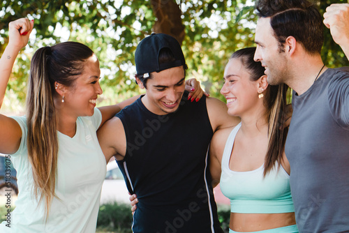 Group of sportive friends supportive, on teamwork activities