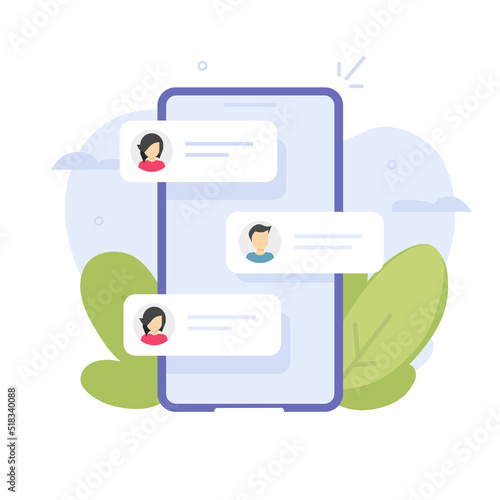 Text messages on cell phone chat vector notification or people digital talk sms on smartphone cellphone messenger app as online conversation man and woman modern illustration graphic image
