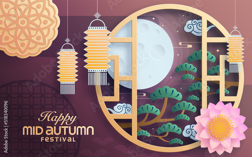 Mid autumn festival paper art style with full moon, moon cake, chinese lantern and rabbits on background.
