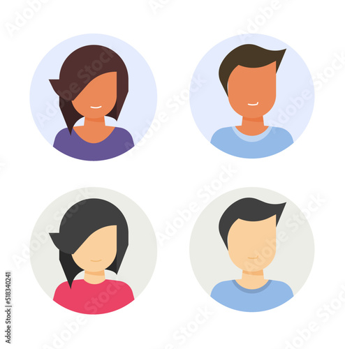 Avatar people face for user icon vector with dark brown and white skin or asian person man and woman head character flat simple design illustration, male female faceless portrait graphic flat image