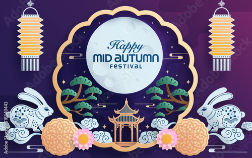 Mid autumn festival paper art style with full moon, moon cake, chinese lantern and rabbits on background.