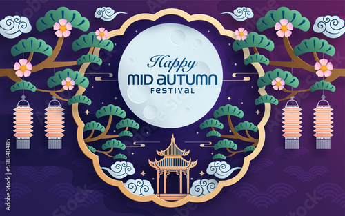 Mid autumn festival paper art style with full moon, moon cake, chinese lantern and rabbits on background.