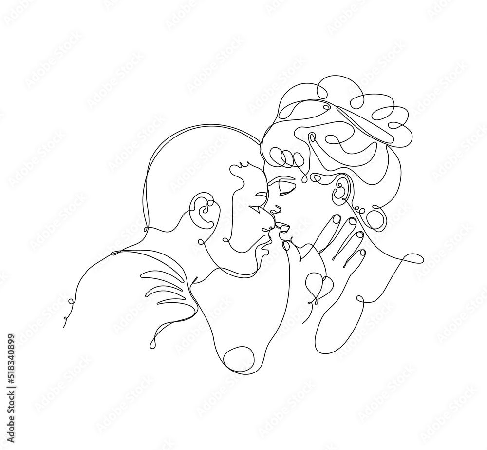 Kiss of lovers in one line. One line art