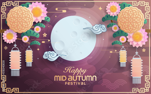 Mid autumn festival paper art style with full moon, moon cake, chinese lantern and rabbits on background.