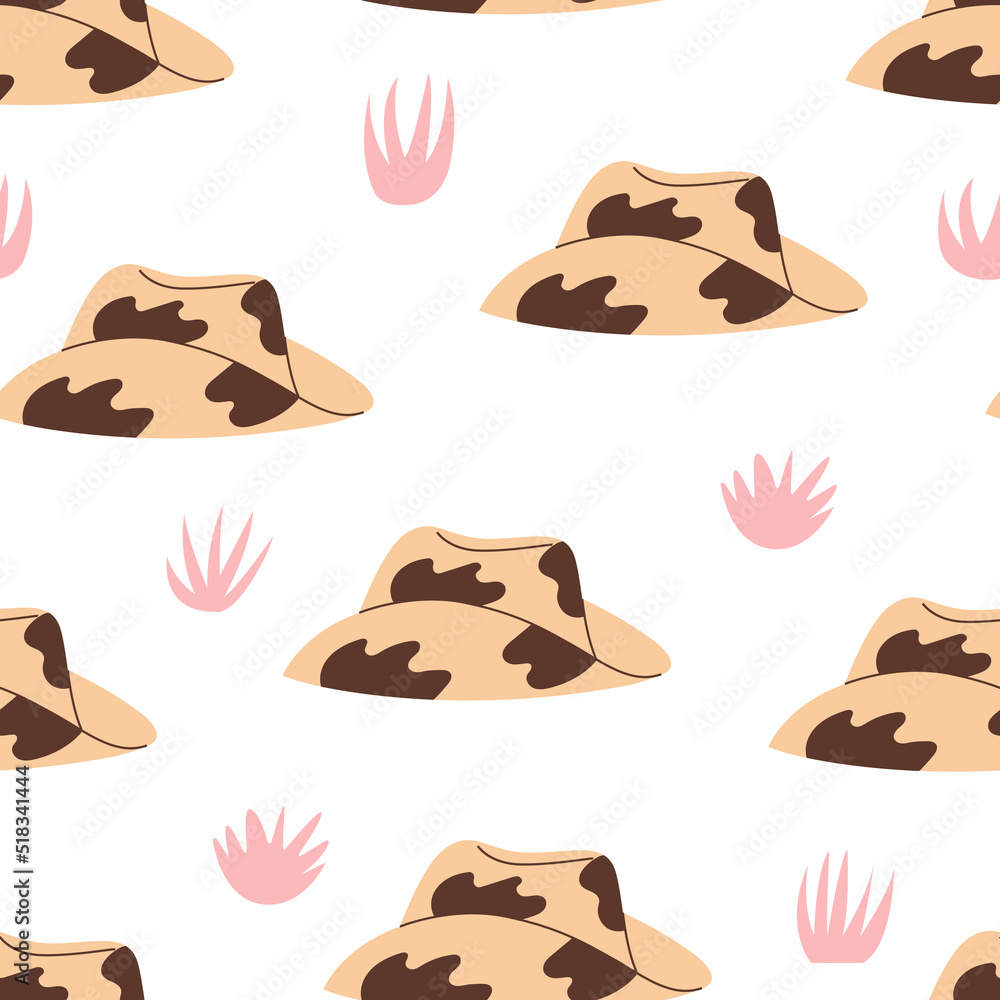 Seamless western pattern with cowboy hats and grass. Vector wild west background