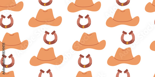 Seamless western pattern with cowboy hats and horseshoe. Vector wild west background