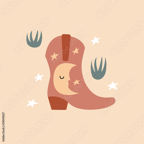 Western vector illustration with cowboy boot, grass and stars on isolated background. Wild west, mystical, boho, magic, esoteric concept