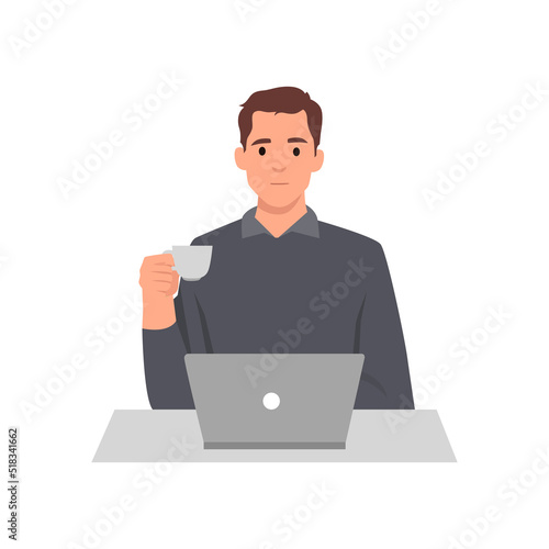 Young man entrepreneur in a suit working on a laptop computer at his clean and sleek office desk. Flat vector illustration isolated on white background
