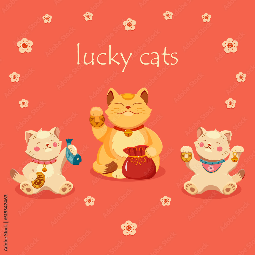 Cats of luck Maneki Neko. Postcard with Asian culture. Japanese illustration of symbol of wealth.