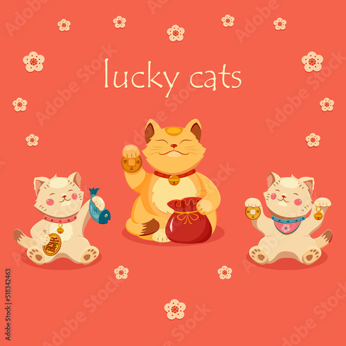 Cats of luck Maneki Neko. Postcard with Asian culture. Japanese illustration of symbol of wealth.