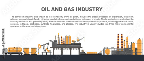 Illustration of oil and gas industry Banner with Outbuildings, Oil storage tank. photo