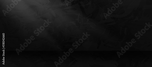 3D Studio room black cement wall textured background,Vector minimal mockup backdrop of Empty Gallery room in dark concrete surface with cracked pattern.Wide panoramic Banner background loft design
