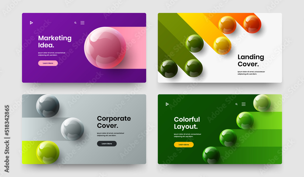 Unique company cover design vector template set. Trendy 3D spheres presentation illustration composition.