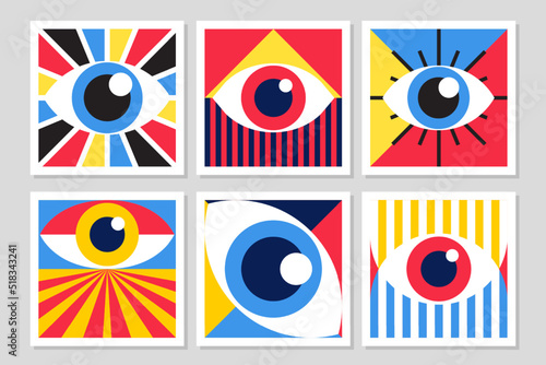 Bauhaus eye poster vector set minimal 20s geometric style with geometry figures and shapes circle, triangle. square. Human psychology and mental health concept illustration. 10 eps