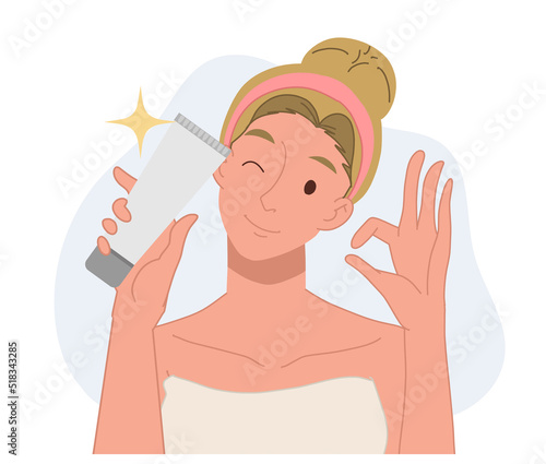 woman review skincare product.flat vector cartoon character illustration.