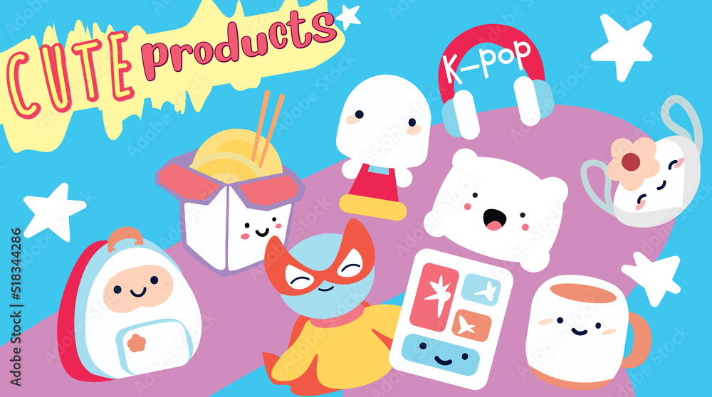 Set of cute cartoons in the concept of a k-pop, anime, cosplay, manga and other accessories store. Vector Illustration. Kawaii style.