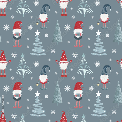 Christmas seamless pattern with scandinavian gnomes, trees and snowflakes.