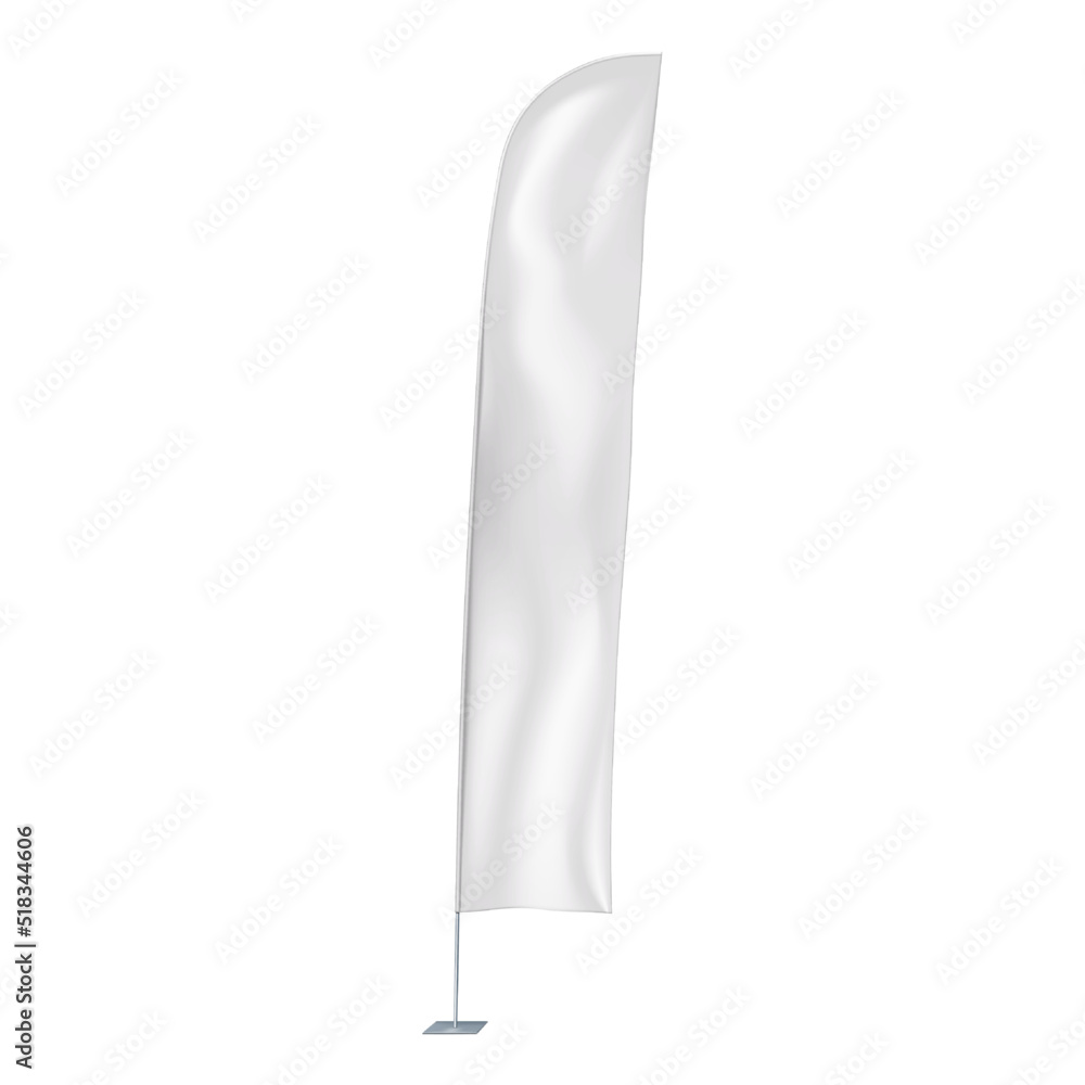 White blade wind event flag vector mock-up. Blank banner on metal pole mockup. Vertical advertising sign template White blade wind event flag vector mock-up. Blank banner on metal pole mockup. Vertical advertising sign template