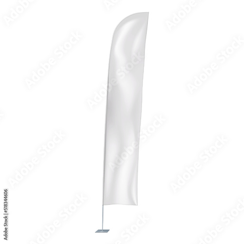 White blade wind event flag vector mock-up. Blank banner on metal pole mockup. Vertical advertising sign template