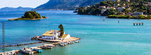 Greece , Ionian islands. Corfu Landmarks - beautiful monastery Vlaherna in small island in Corfu town near at airport