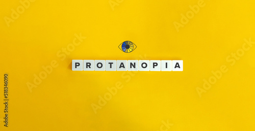 Protanopia Banner. Red-Green Color Blindness and Hereditary Ocular Disease. Letter Tiles on Yellow Background. Minimal Aesthetics. photo