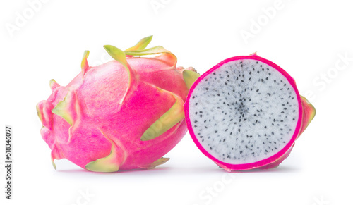 Beautiful fresh red dragon fruit with half or slice isolated on white background with clipping path