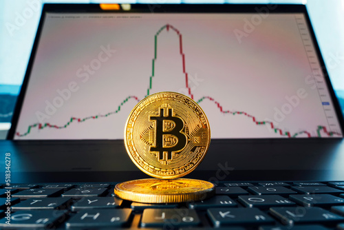 golden coin crypto currency stock trade graph background new invest market. concept of fall of cryptocurrency market. rise and fall of exchange rate on stock exchange. Devaluation and revaluation photo