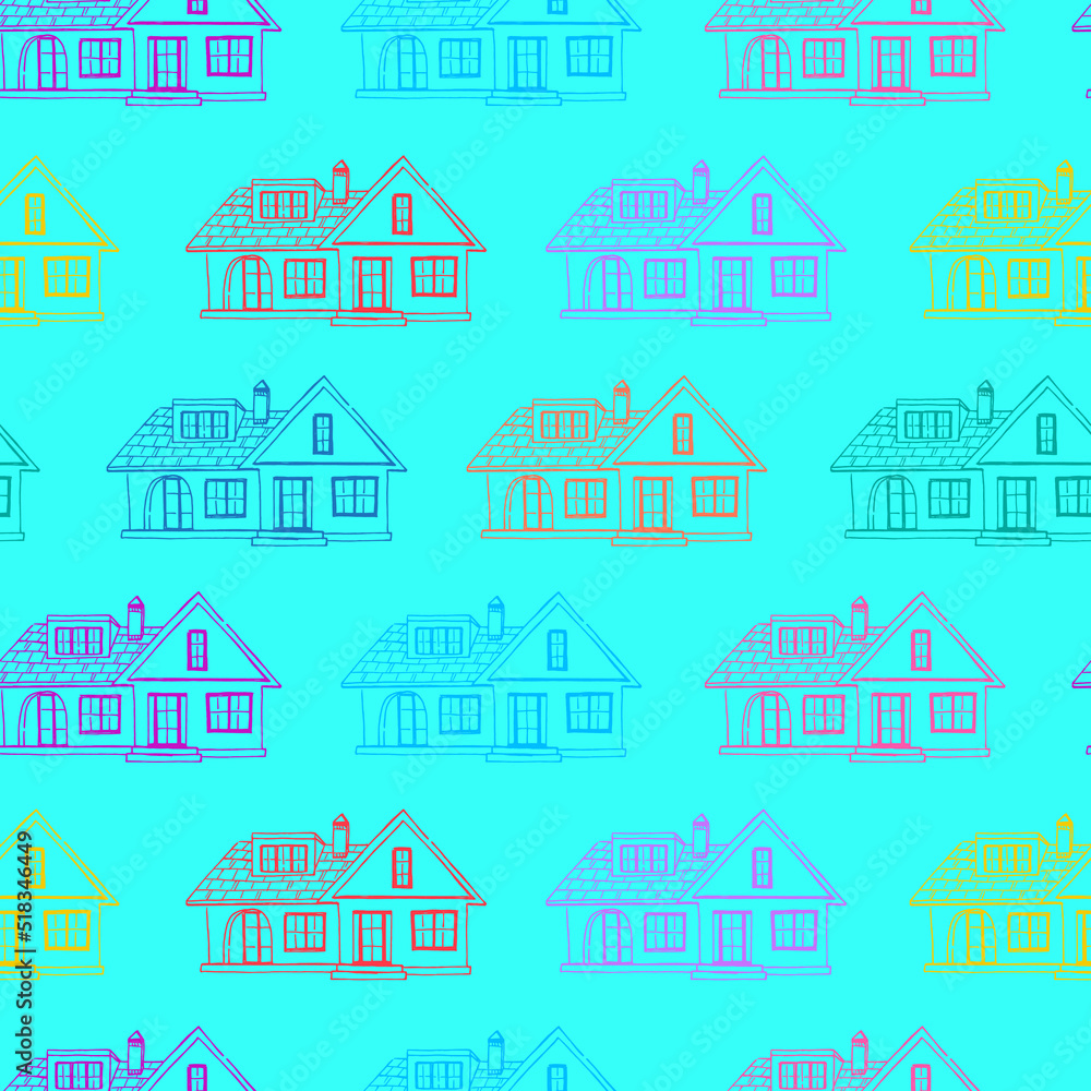 Seamless Pattern of colorful Houses illustration on isolated blue background