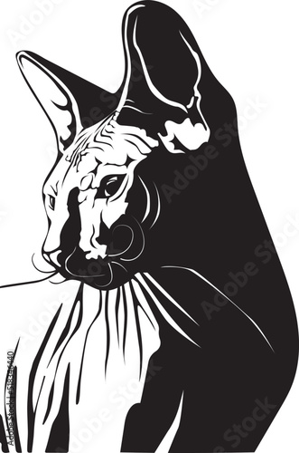 Vector sphynx cat in black and white colors. Element for design card, poster, print, logo, signboard, illustration about animals, pets.