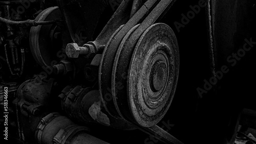 Close up Old rusty generator engine.  black and white photo