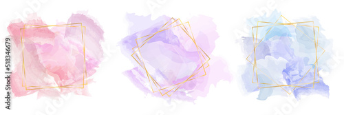 Watercolor effect border frame background. Blue brush strokes Gold round contour frame. Golden luxury line border for invitation, card, sale, fashion, wedding. Vector illustration.