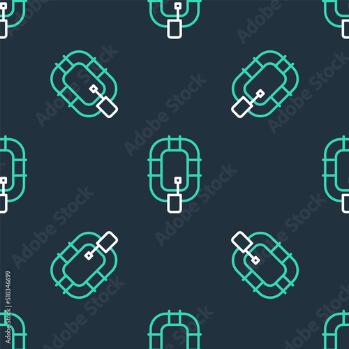 Line Inflatable boat icon isolated seamless pattern on black background. Rafting boat. Water sports, extreme sports, holiday, vacation. Vector