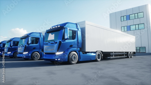 Generic 3d model of cargo trucks on warehouse parking. Logistic center. Delivery, transport concept. 3d rendering.