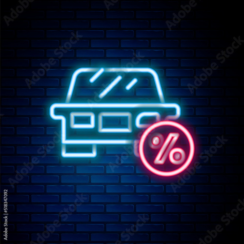 Glowing neon line Car leasing percent icon isolated on brick wall background. Credit percentage symbol. Colorful outline concept. Vector