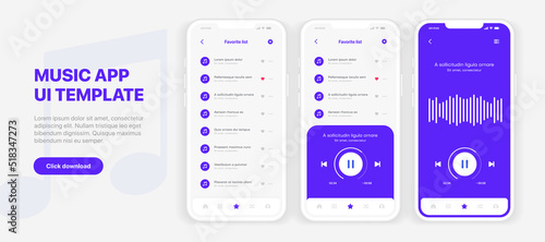 Web mobile application interface for music player application for mobile app, business, website. Sound app UI UX GUI template. Responsive website wireframes. Web design UI kit. Music Dashboard.