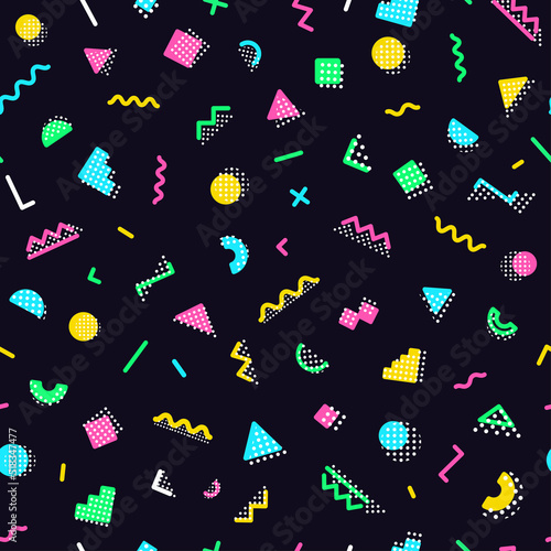 Memphis seamless pattern consisting geometry shape on black background for banner, party poster. Vector Illusration 10 eps