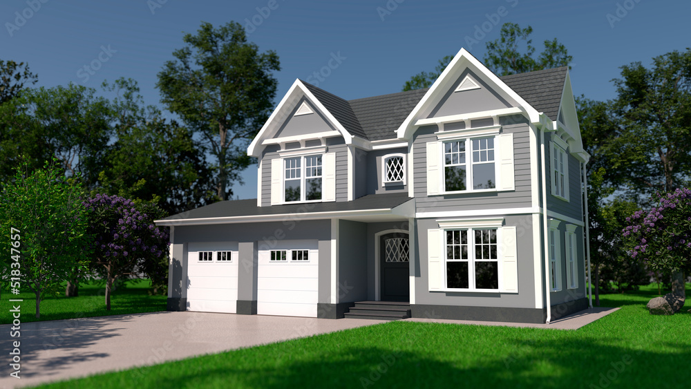 Exterior view of the farmhouse. Country house with garage in colonial style. Garage the house. 3D render.