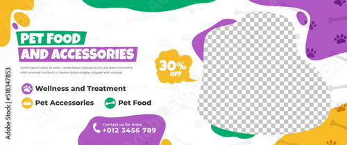 Pet care and shop horizontal banner design template. White background with colorful shape. Editable modern banner with place for the photo.