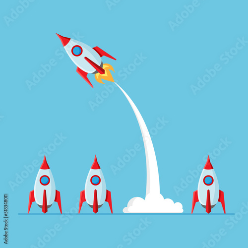 Think and being differently. Rocket launch in a flat style isolated on blue background. Concept of taking risky. Vector illustration. © Yuliia