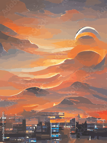 Panorama of a burning big city