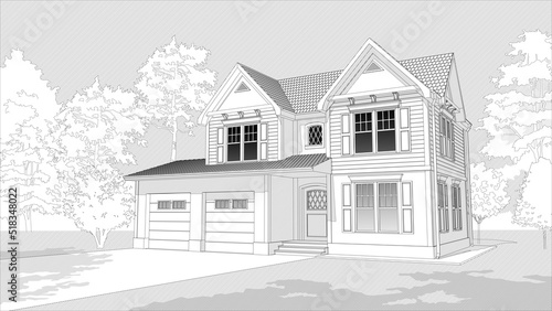 Exterior view of the farmhouse. Country house with garage in colonial style. Garage the house. Cottage drawing. Graphic arts. 3D render.